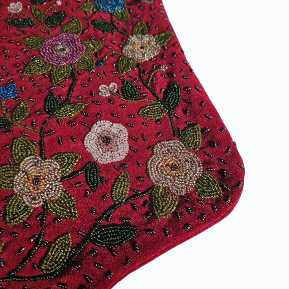 Intricately Beaded Velvet Christmas Stocking Floral Pattern Burgundy Dark Green - Picture 6 of 7